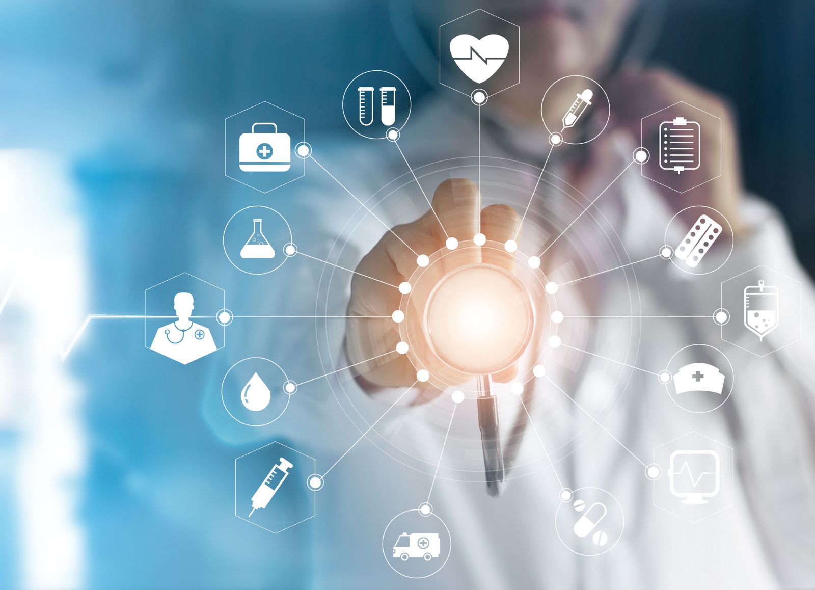 Medicine doctor and stethoscope in hand touching icon medical ne